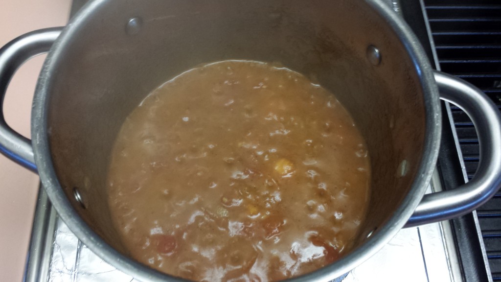 Tomatoes added and cooking for about 15-20 minutes already